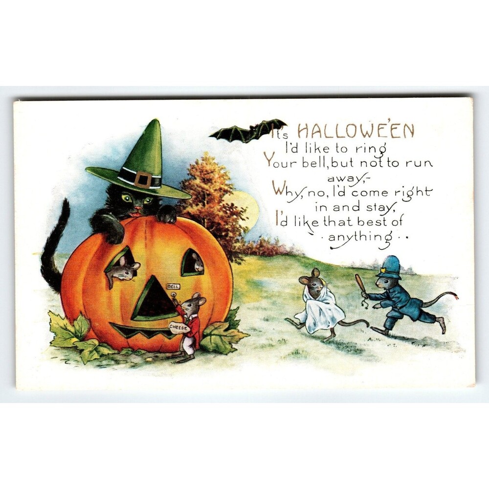 Vintage Whitney Halloween Postcard Black Cat Pumpkin Cop Mice Fantasy 1907-1915